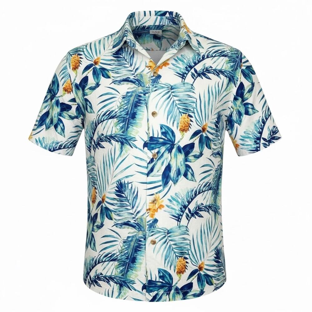 Tommy Bahama Aloha Hawaiian Teal Blue 100% Silk Button Down Camp Shirt LG